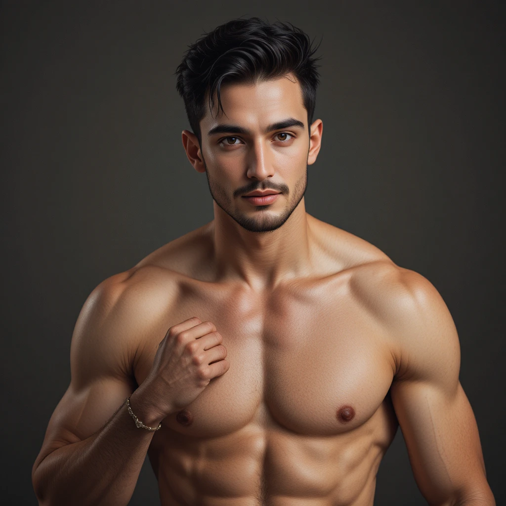 Homem musculoso e atraente exibindo o tanquinho e o corpo inteiro