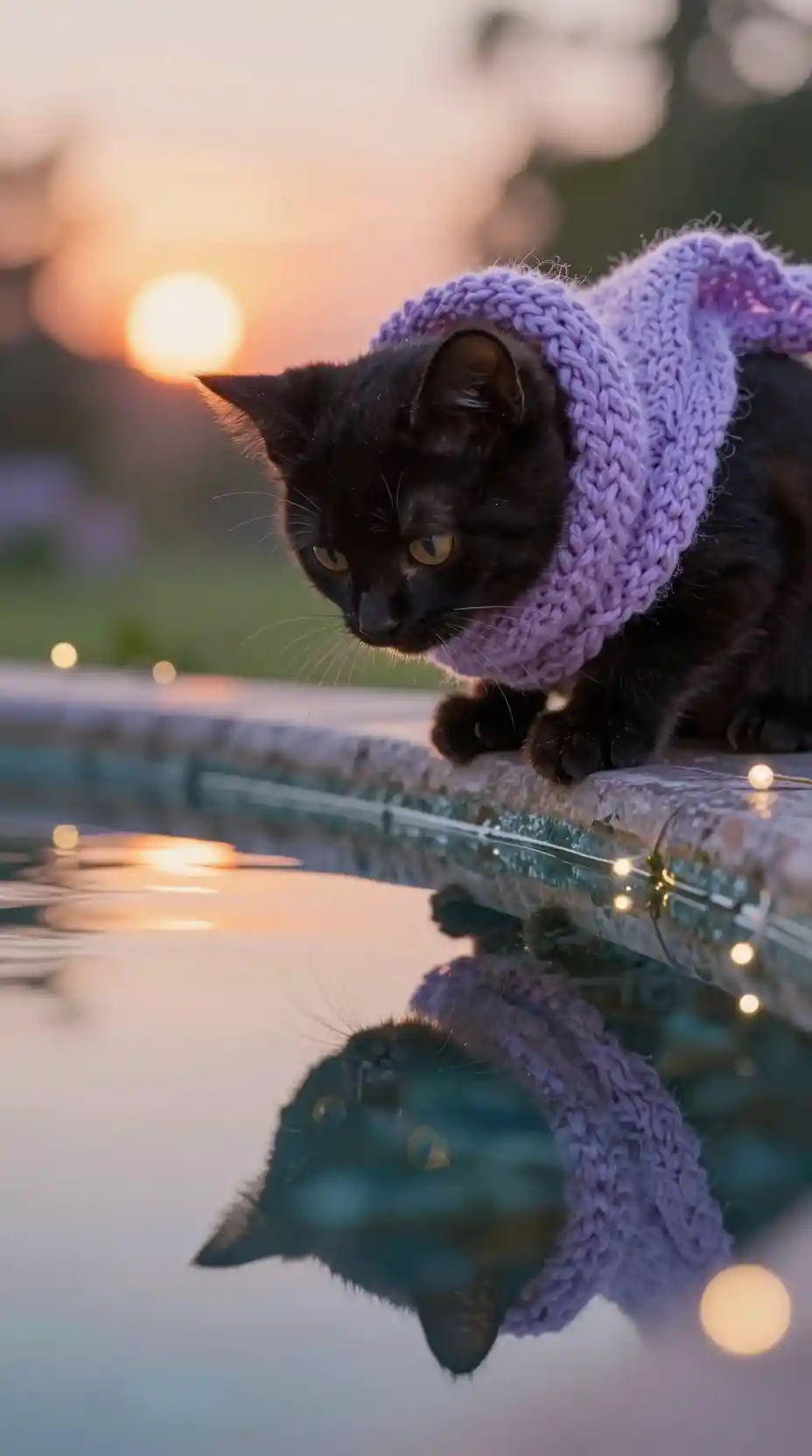 Gattino nero con sciarpa viola vicino a una fontana al crepuscolo