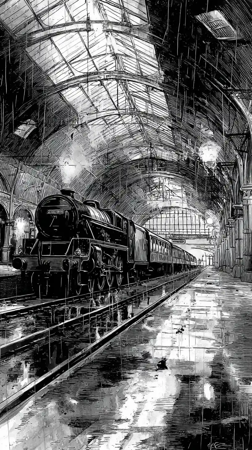 Vintage steam train in grand rainy station hall drawing