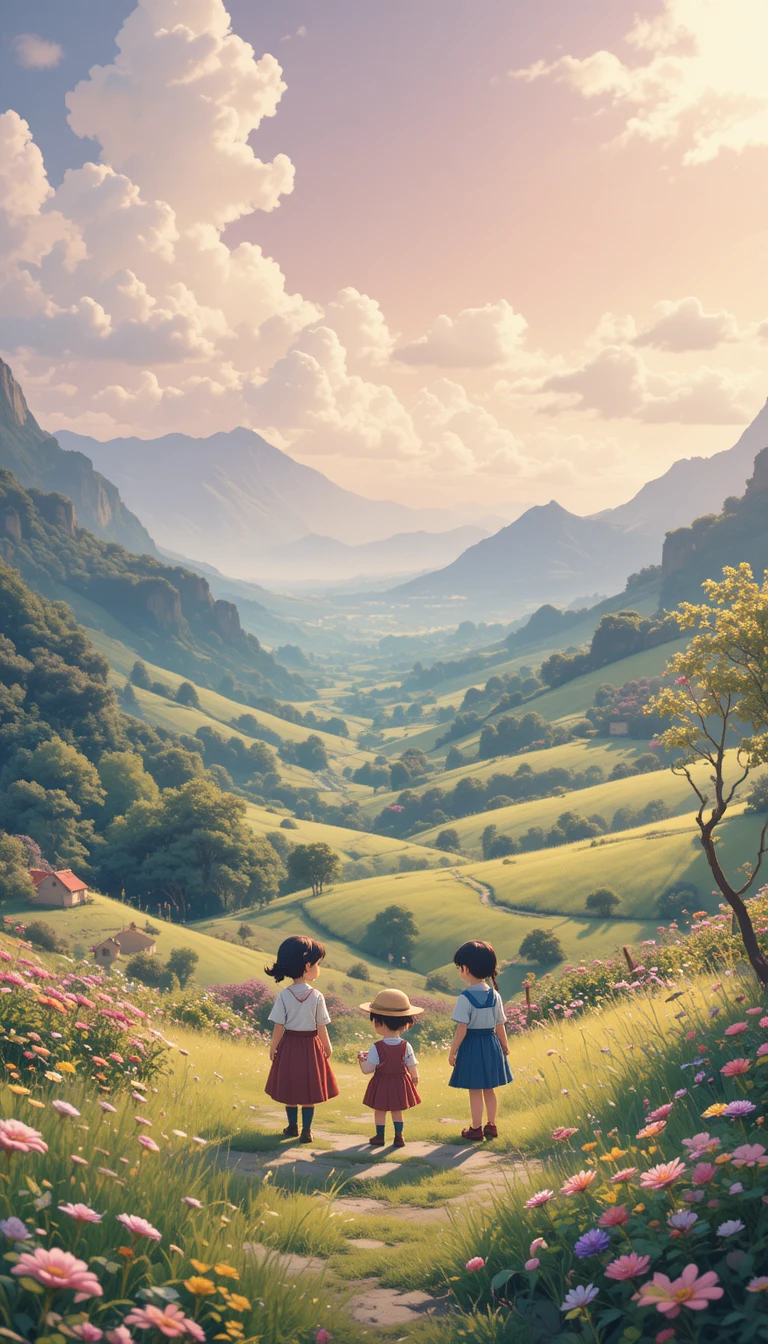 Verspielte Kinder in einer traumhaften Sommerlandschaft auf dem Land