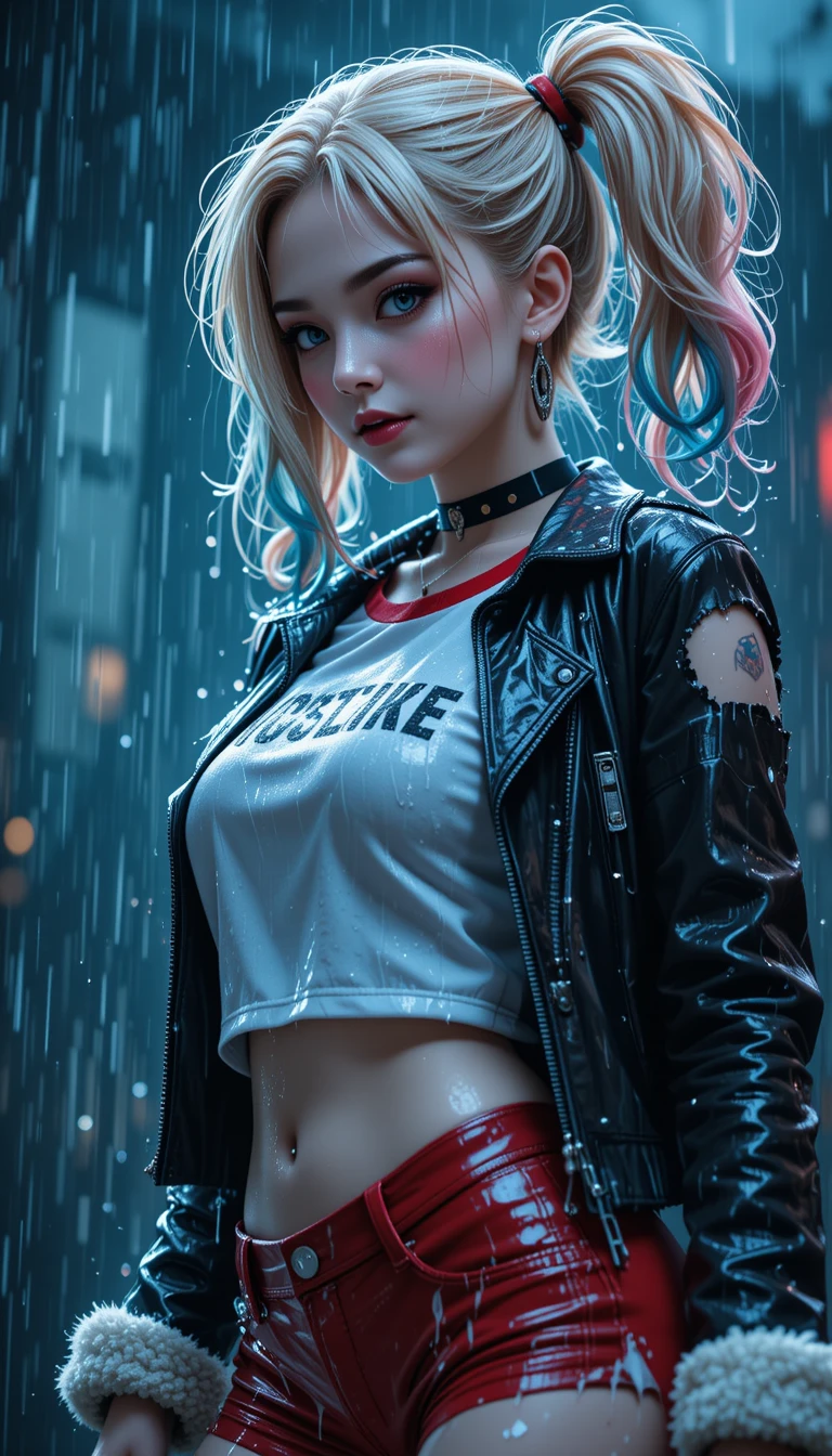 Femme anime sous la pluie avec couettes blondes et blouson en cuir