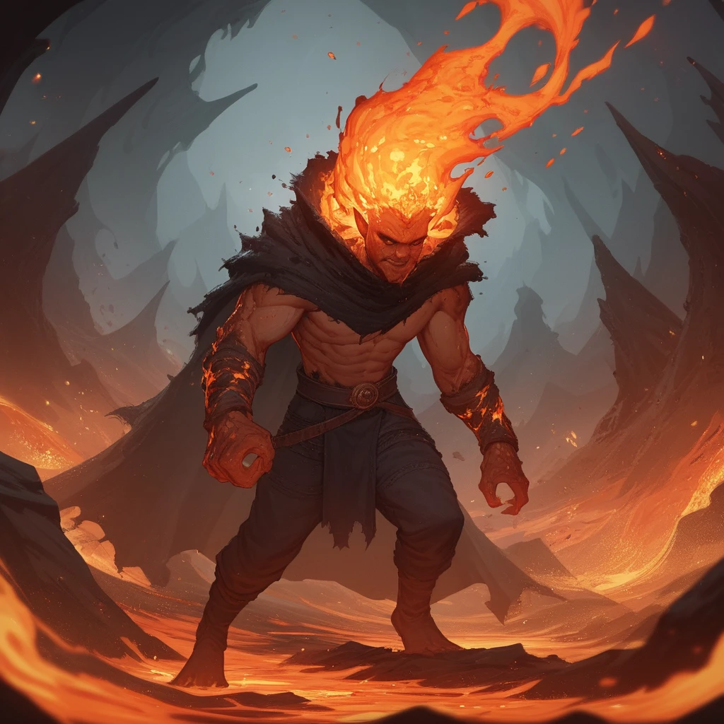 Mago conjurando um poderoso feitiço de fogo diante de vulcão em erupção
