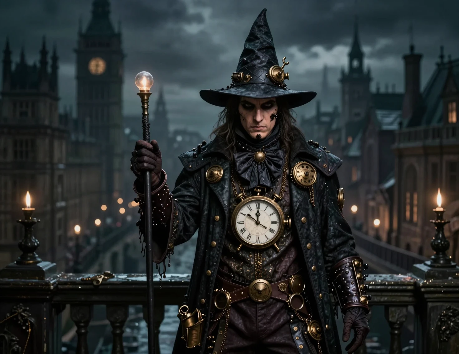 Mago do relógio em roupa steampunk sombria em cidade vitoriana