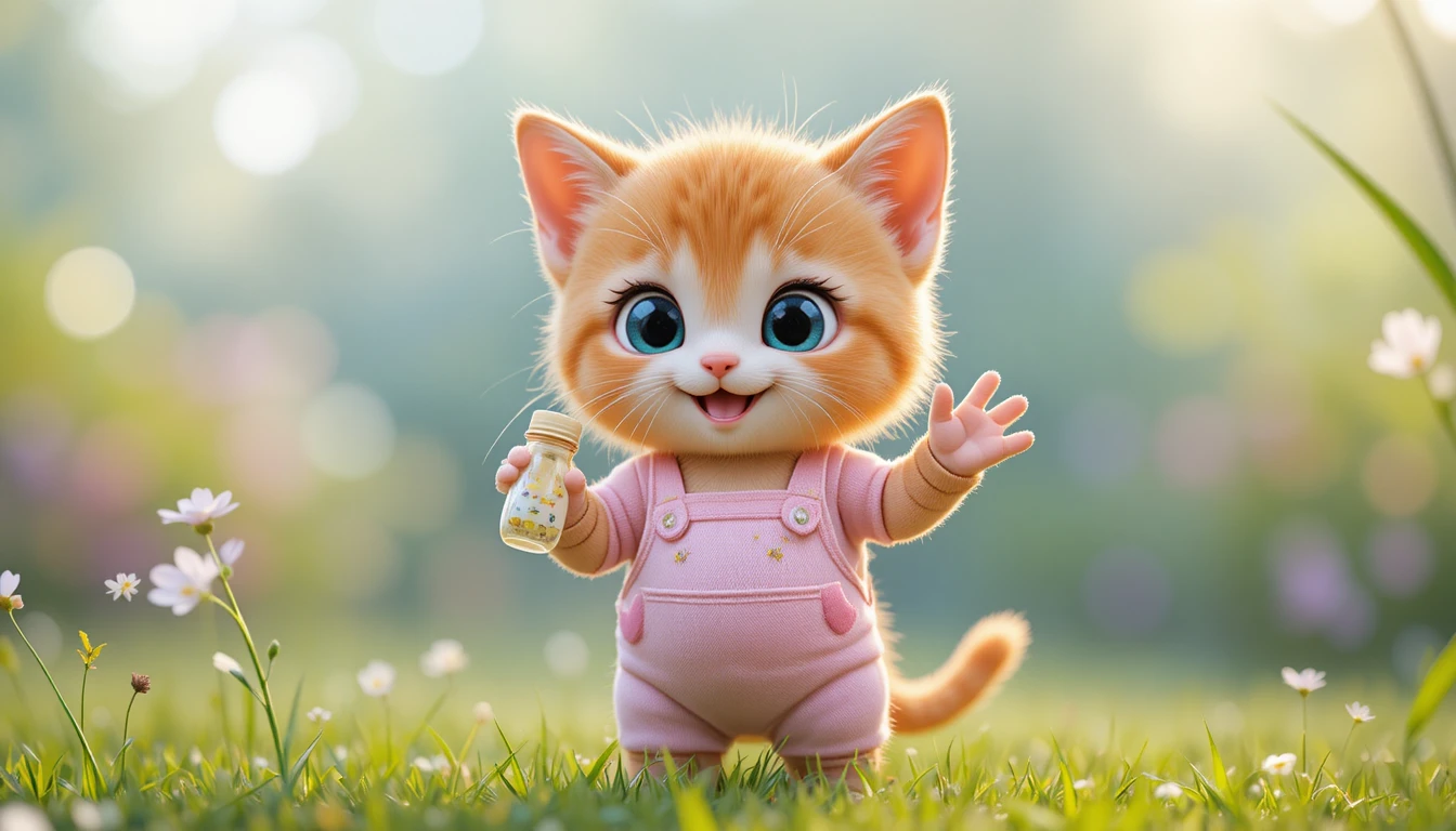 日なたの芝生でボトルを持つかわいい3D茶トラ子猫