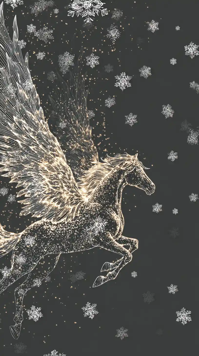 Cavallo alato di fuoco che brilla nella dolce neve che cade