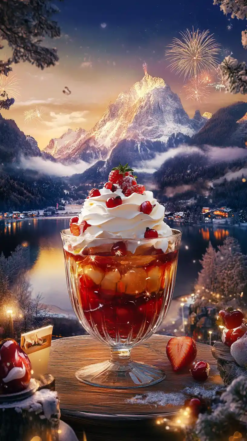 Fruit jelly dessert with whipped cream in a garden