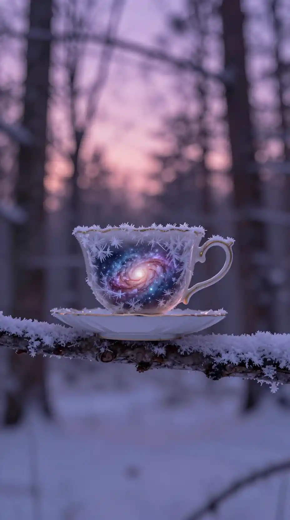 Verzierte Teetasse mit wirbelnder Galaxie in einem gefrorenen Wald
