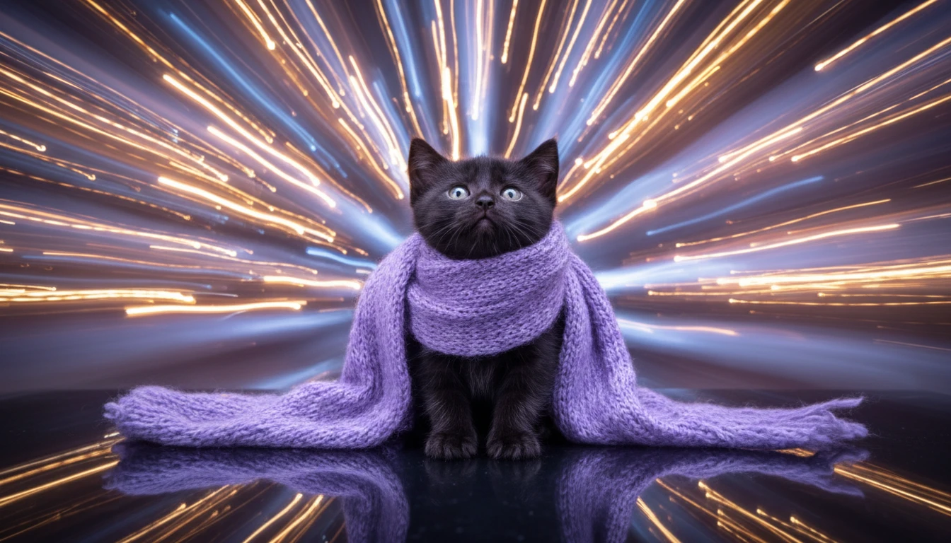 Minuscule chaton noir avec écharpe violette sur surface réfléchissante