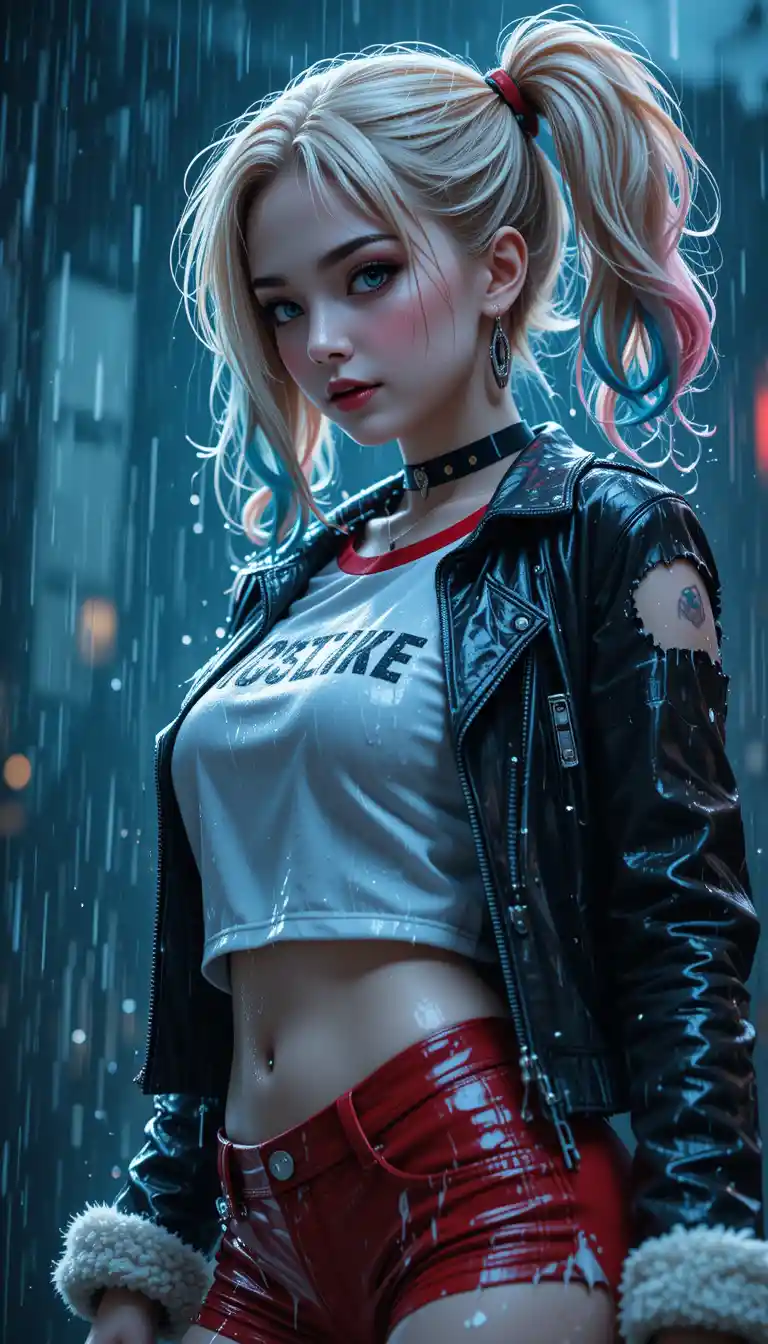 Anime woman in rain with blonde pigtails and leather jacket