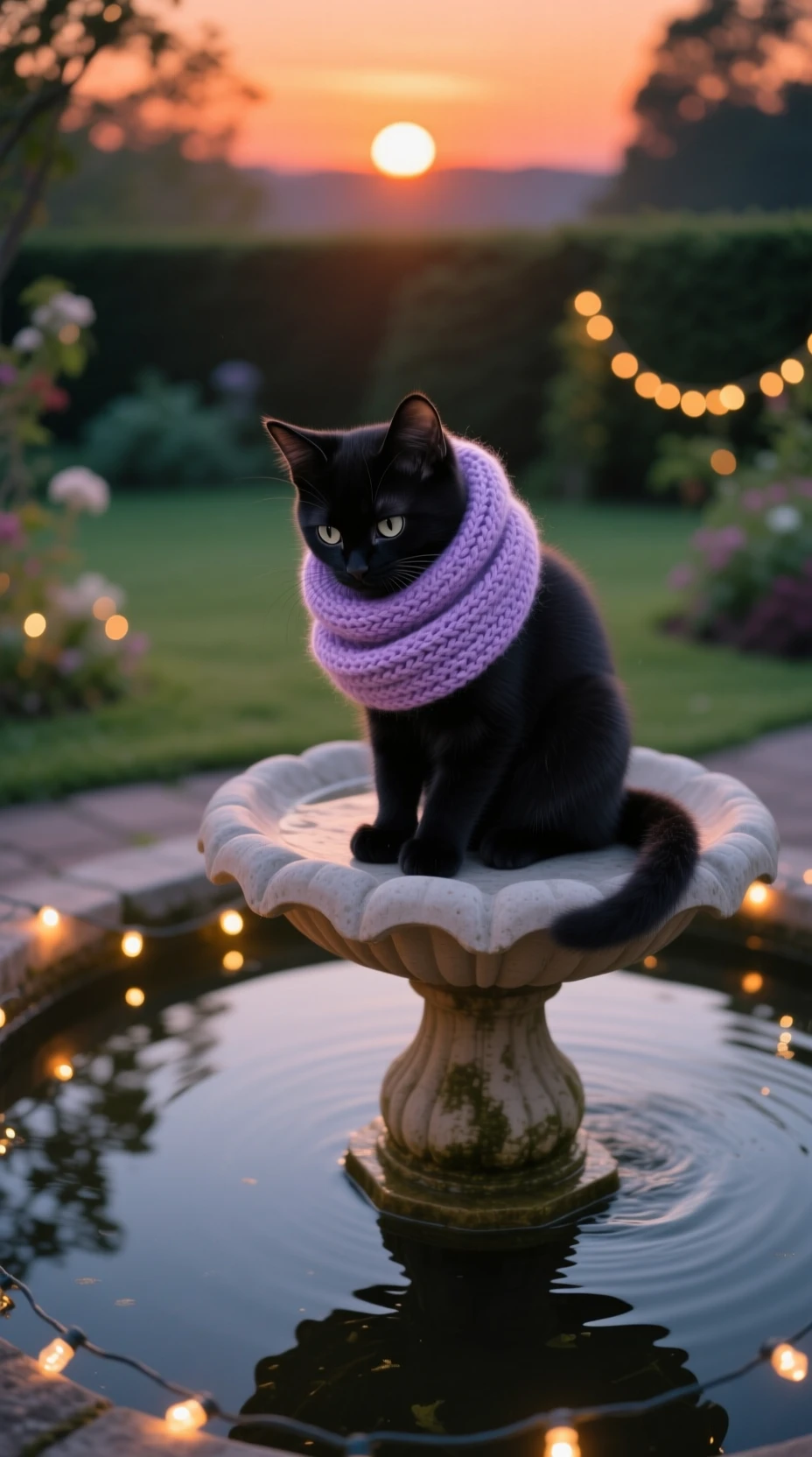 Chaton noir près d’une fontaine avec une écharpe violette