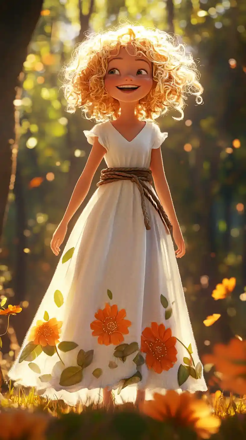 Young girl in floral dress standing in sunlit forest