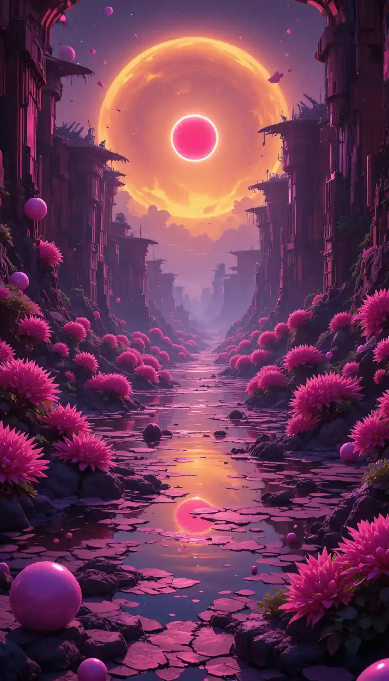 Nilo surreale con sfere al neon rosa e gialle