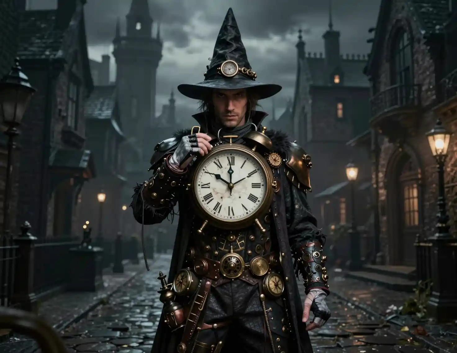 Clock wizard in dark steampunk clothes in victorian city