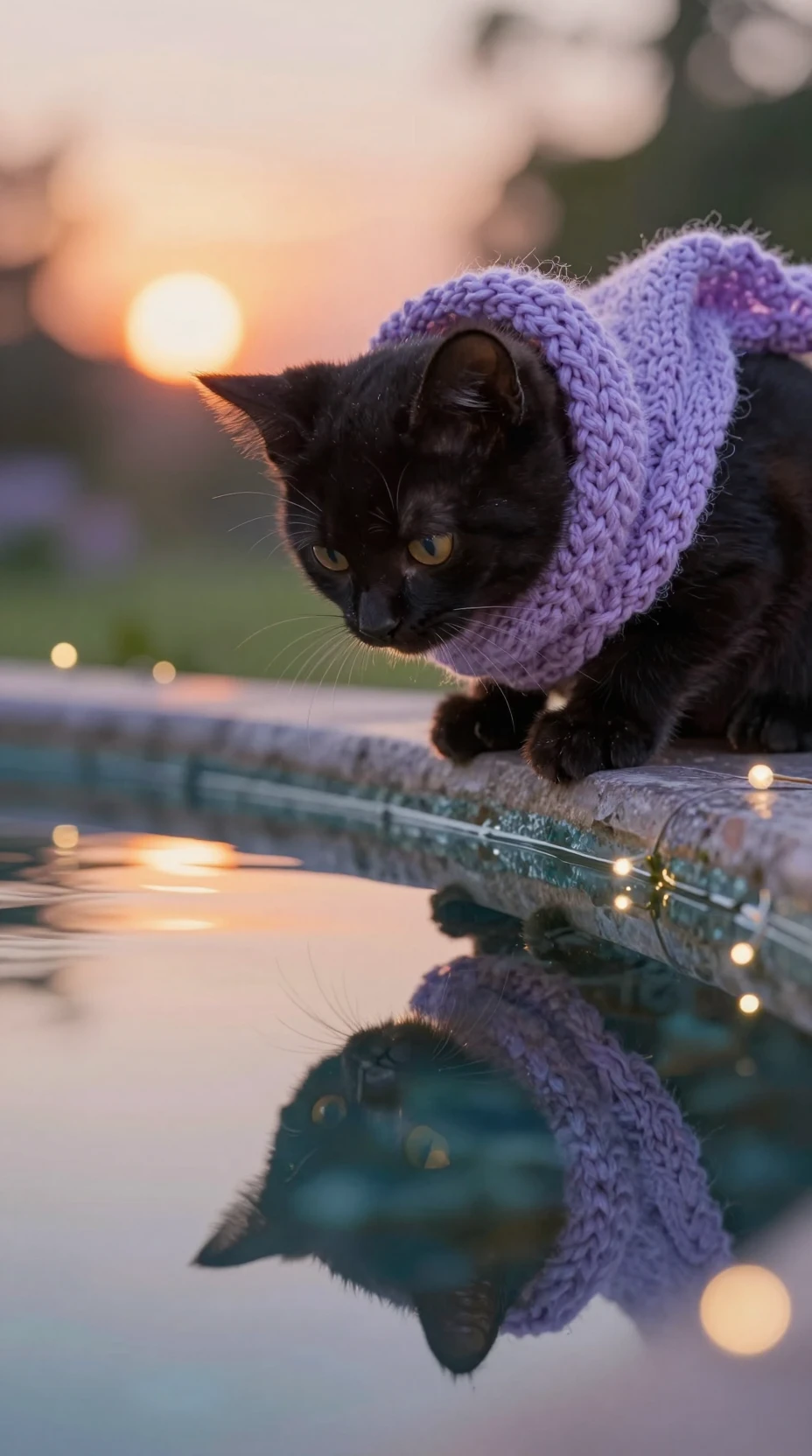 Chaton noir avec écharpe violette près d'une fontaine au crépuscule