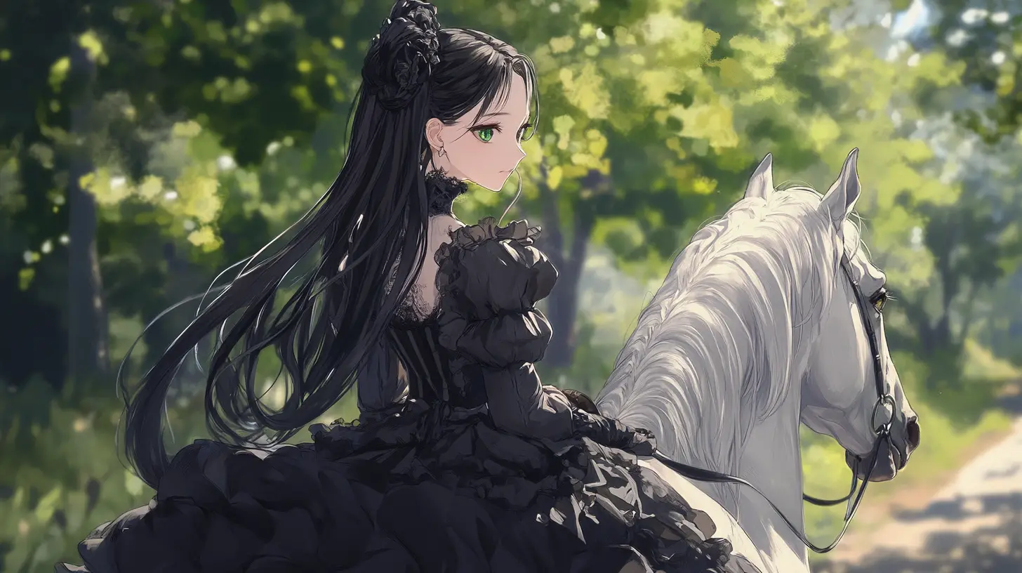 森の小道を白馬で進むアニメ少女