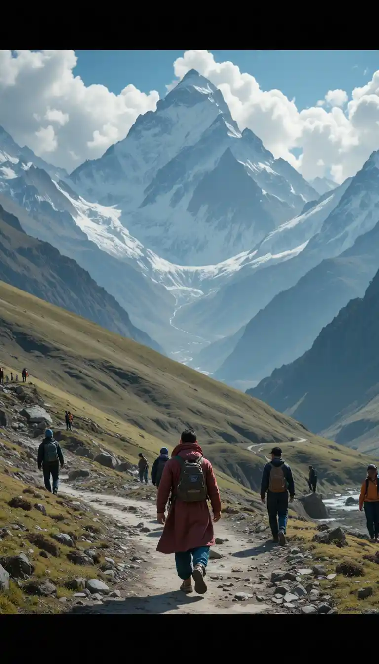 Hiker walking along a Himalayan mountain trail