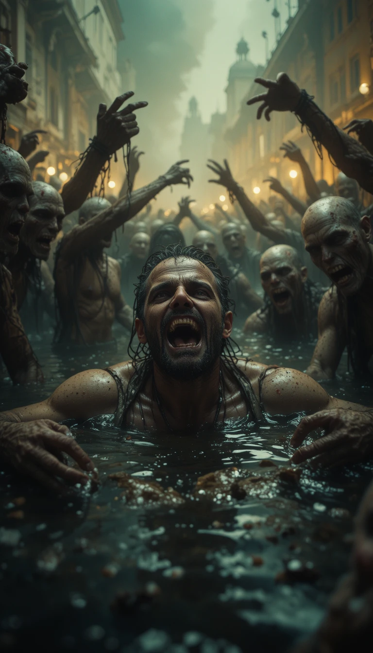 Verängstigter Mann von Zombies in apokalyptischen Ruinen umzingelt