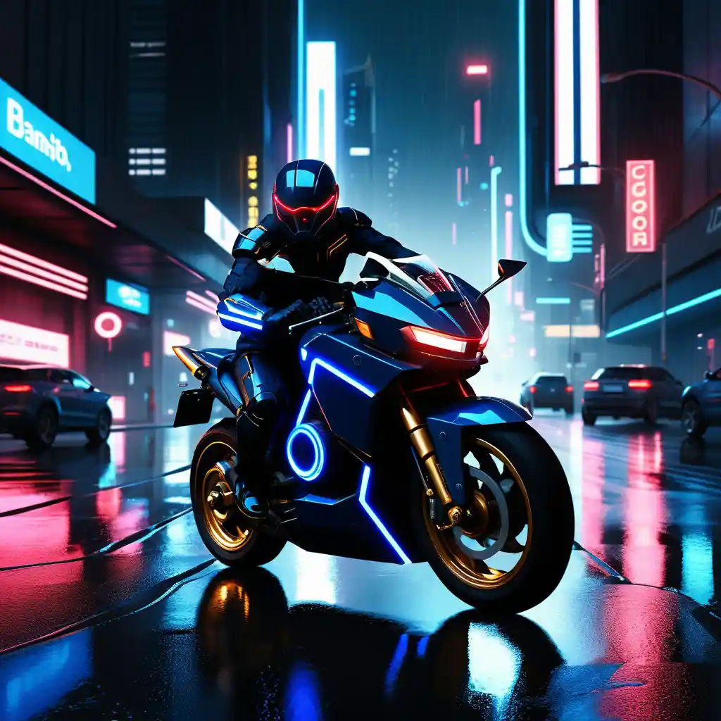 Motard fendant la nuit d’une ville futuriste néon