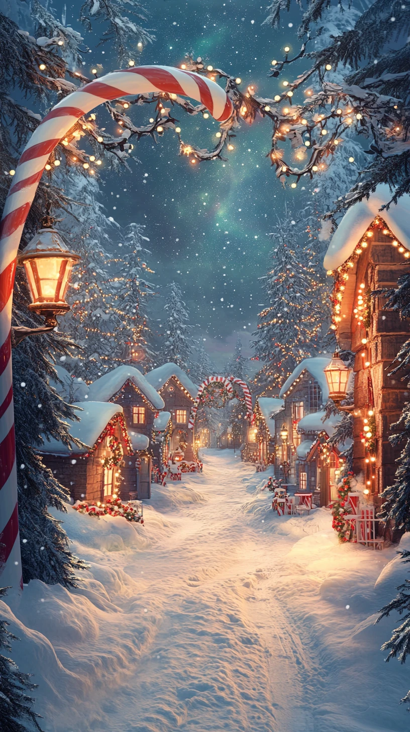 ランタンとキャンディアーチに包まれたファンタジックなクリスマス村