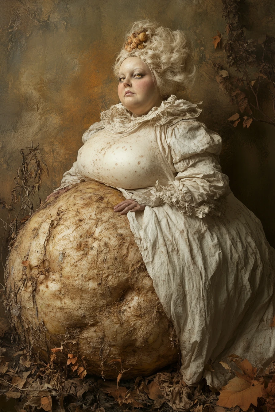 Surreal potato like woman in white gown in autumn woods