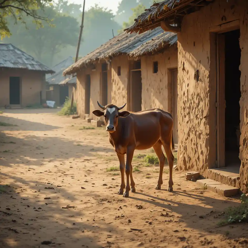 Tranquillo villaggio indiano con mucca e vitello all'alba