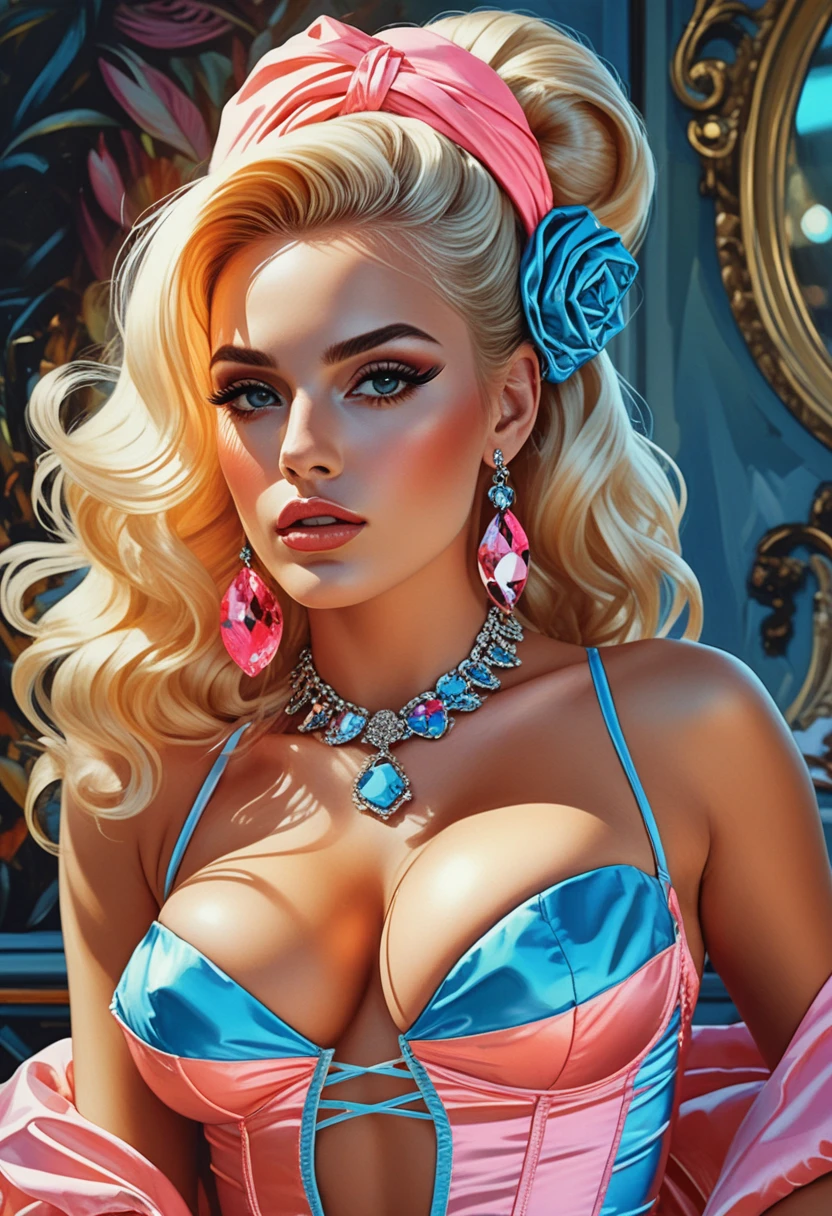 Neon goddess pinup in ornate baroque couture
