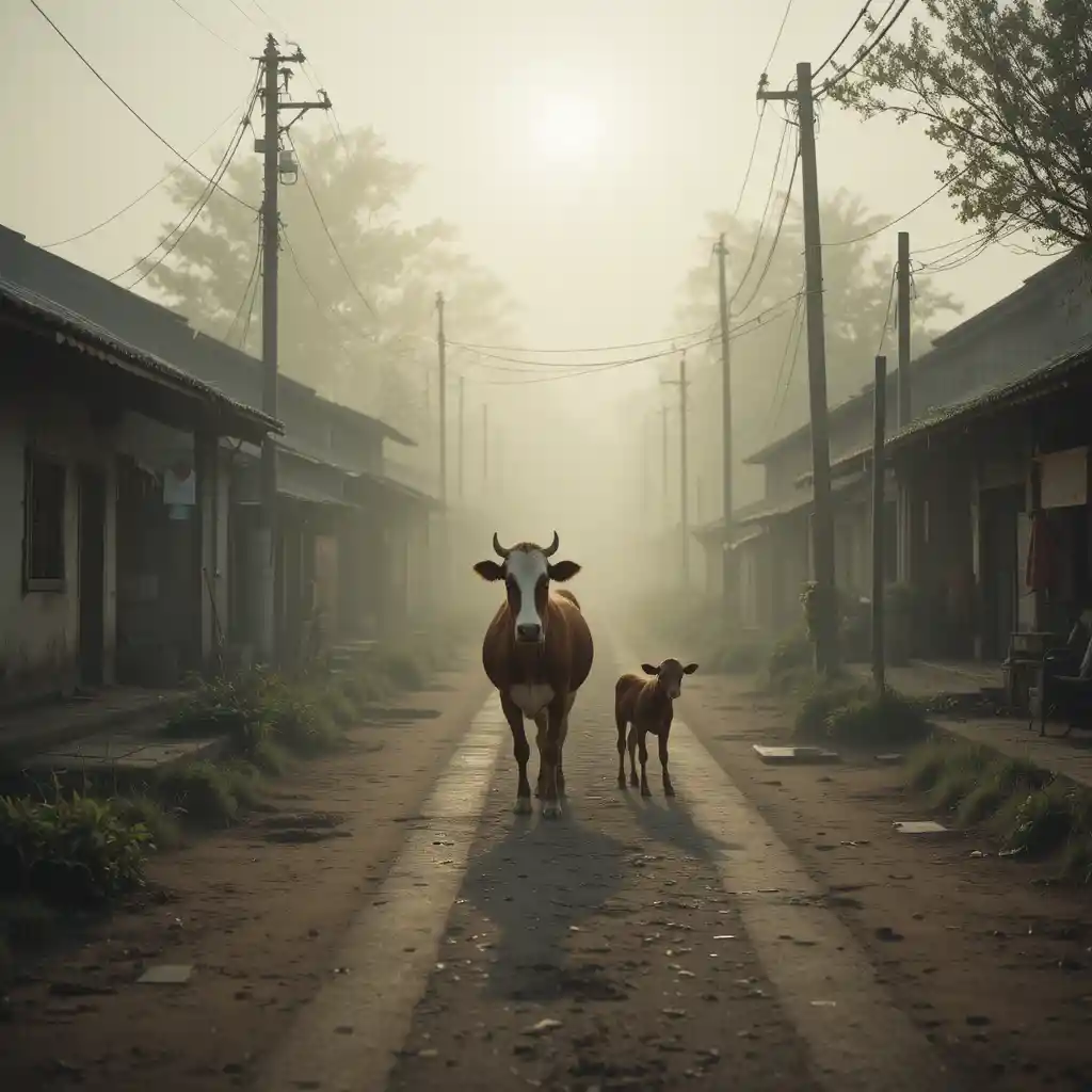 Mucca solitaria in una strada di villaggio avvolta dalla nebbia al primo mattino