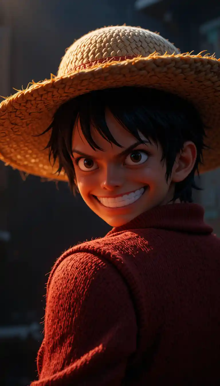 Straw hat anime hero glancing back with fierce determination