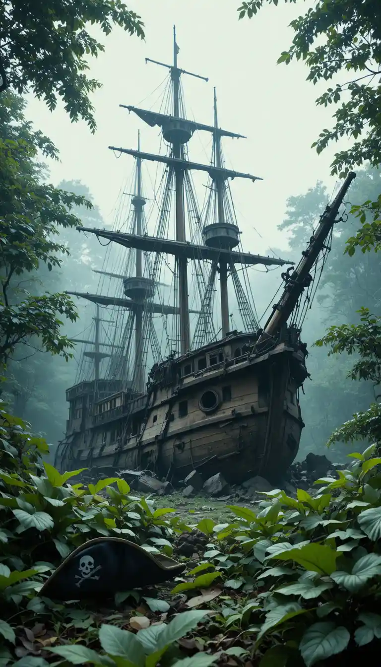 Wrecked Spanish Galleon Resting On A Lush Forest Floor