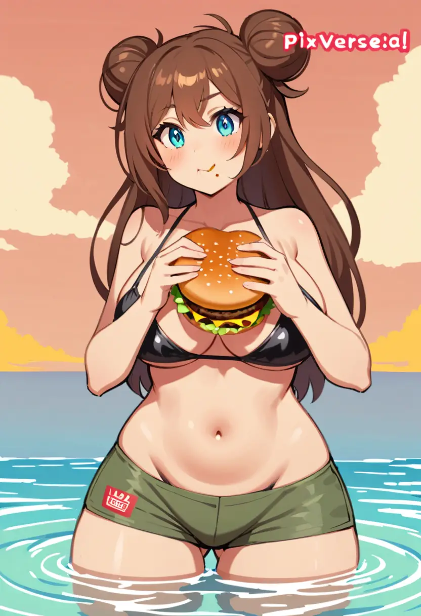 Frau im schwarzen Bikini isst einen Burger im Meer