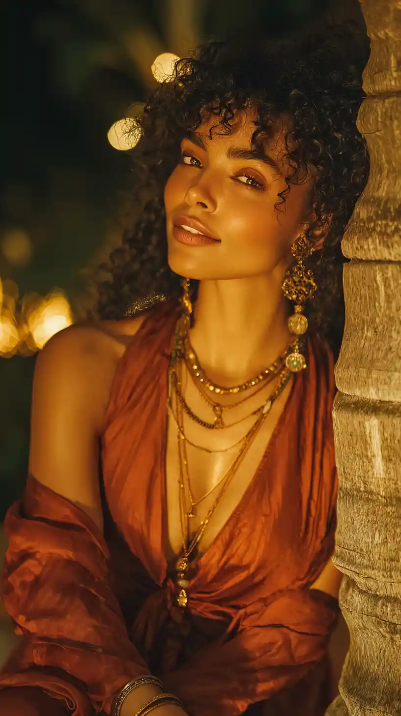 Elegant woman in terracotta dress by palm tree at night
