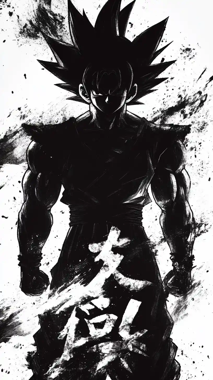 Guerrero de anime en silueta irradiando poder en un blanco y negro impactante
