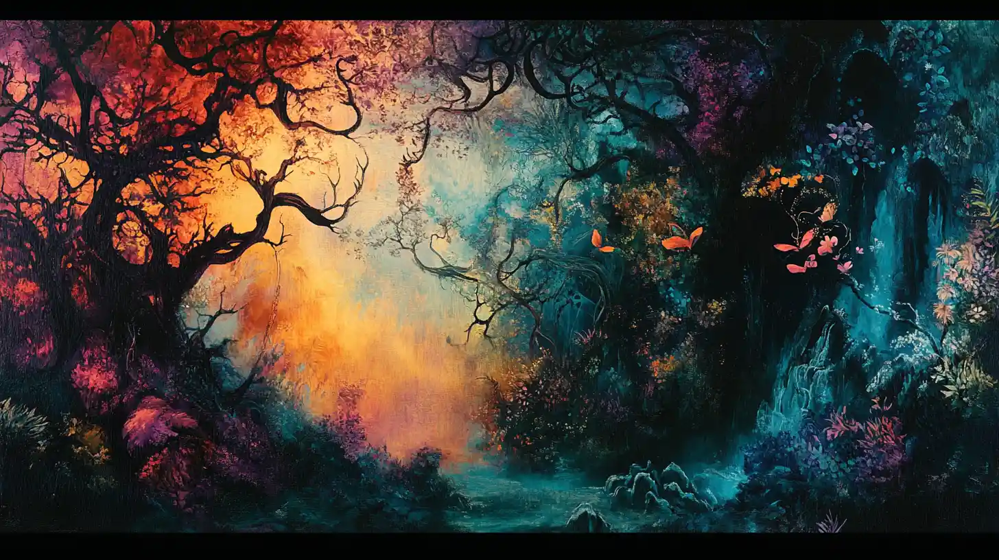Mystical fantasy mural painted in enchanting dark tones