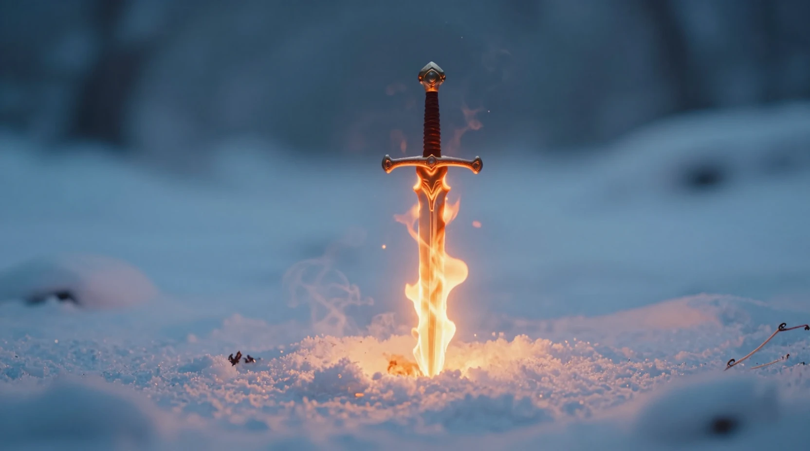 Espada em chamas erguida na neve fresca de inverno ao anoitecer