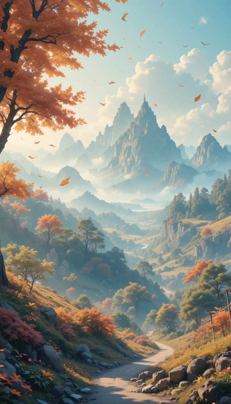 柔和夢幻光線下的童話系粉彩秋日鄉村風景