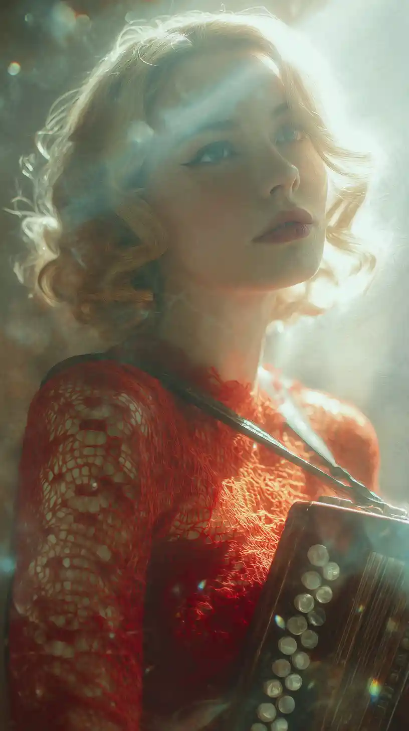 Melancholic woman in red dress playing accordion in soft light