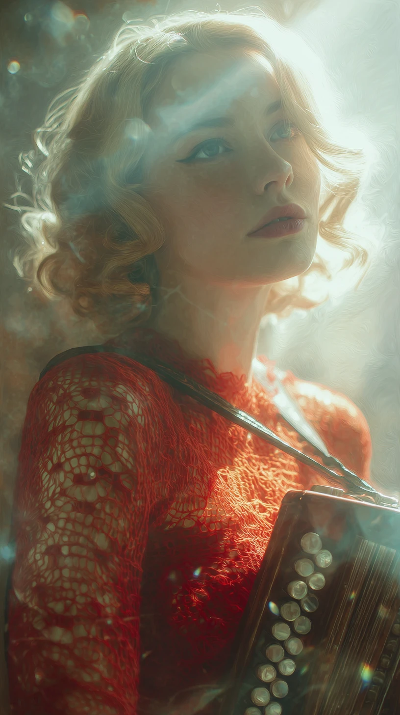 Melancholic woman in red dress playing accordion in soft light