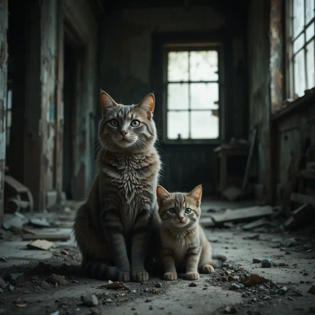 Dois gatos tristes descansando juntos em uma casa abandonada