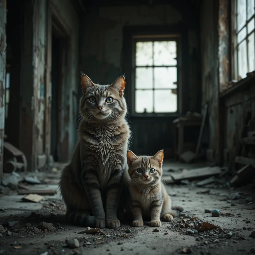 Dois gatos tristes descansando juntos em uma casa abandonada