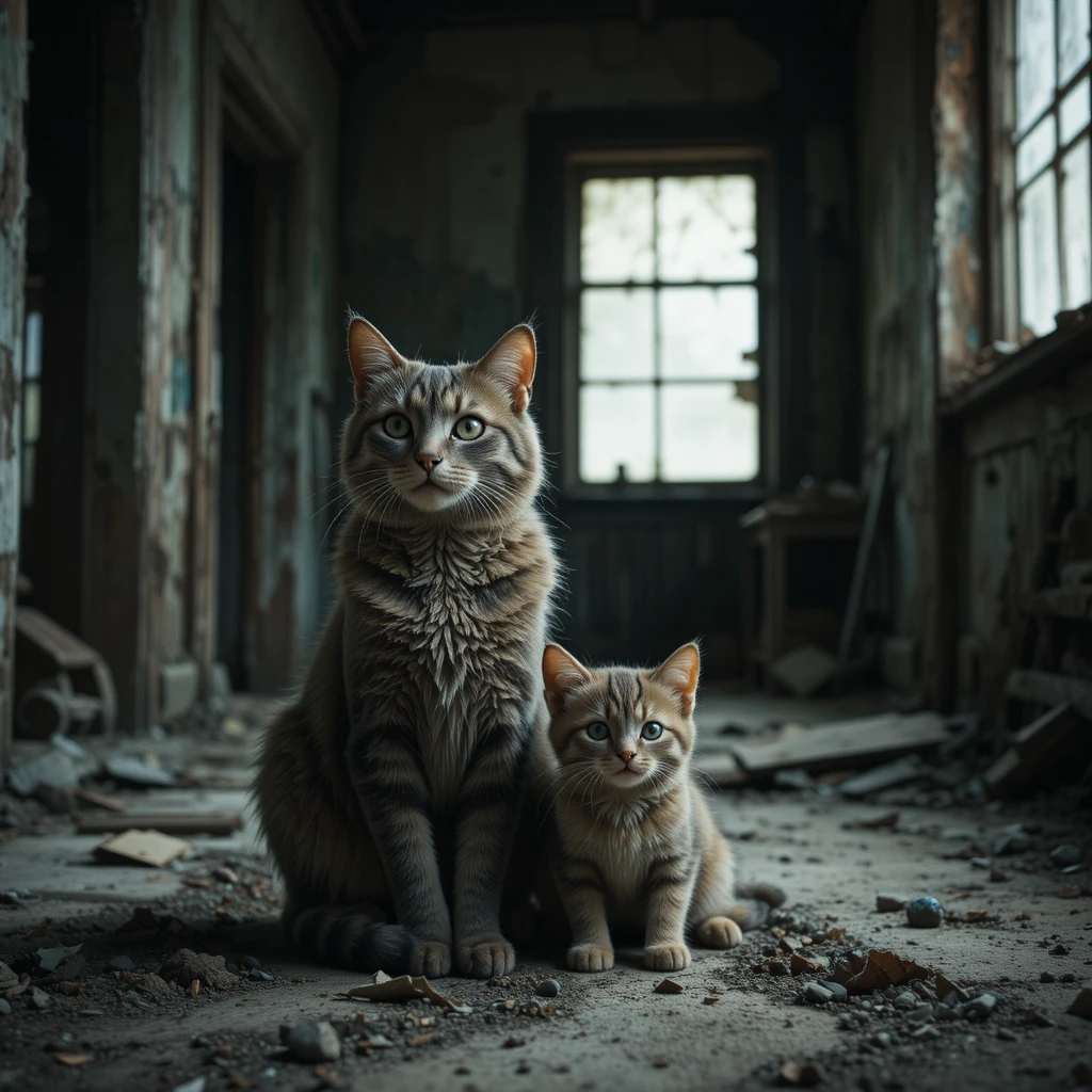Dois gatos tristes descansando juntos em uma casa abandonada