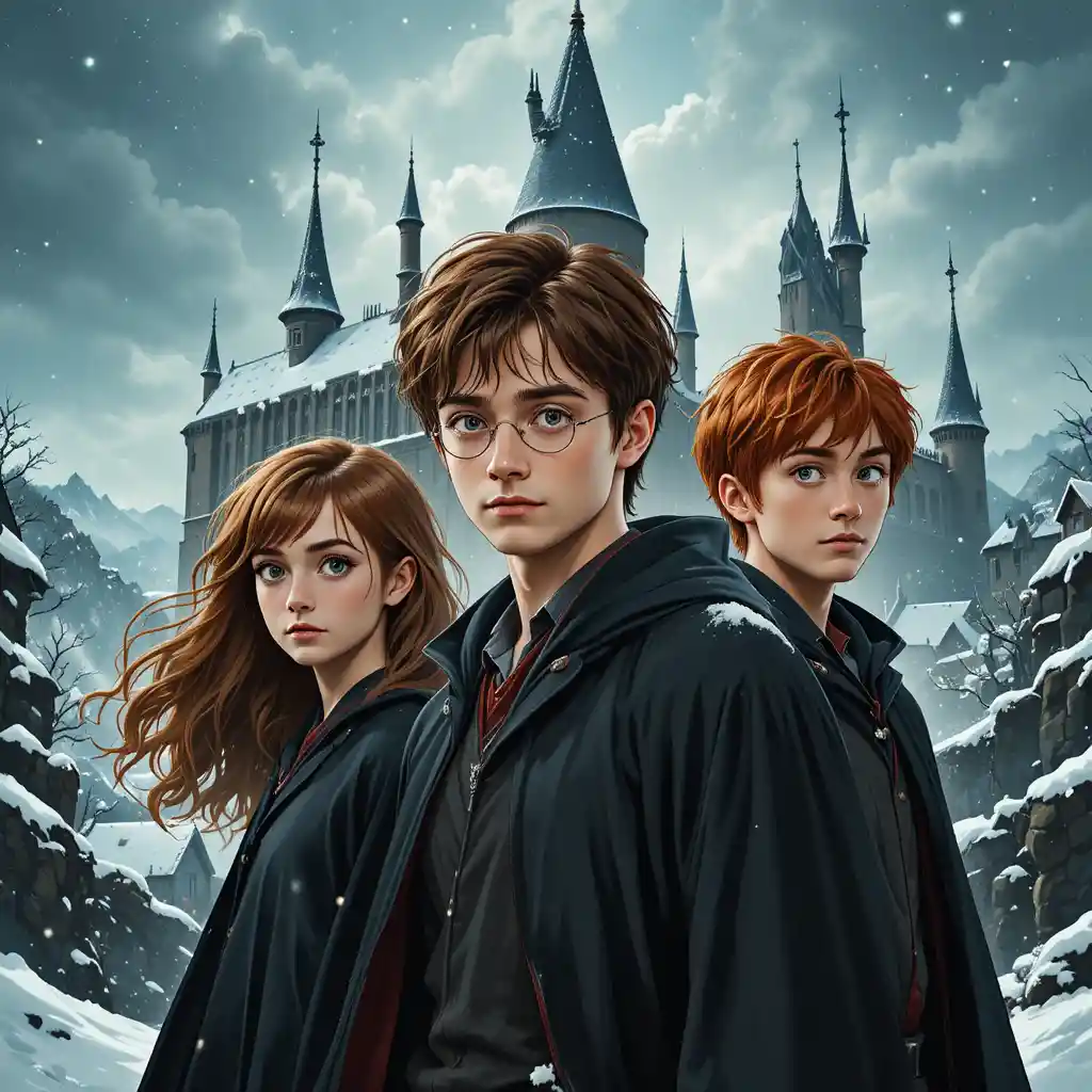 Young friends in the snow before a magical medieval castle