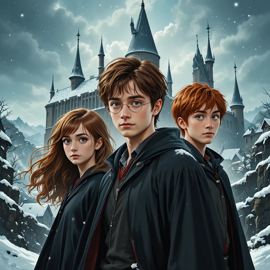Young friends in the snow before a magical medieval castle