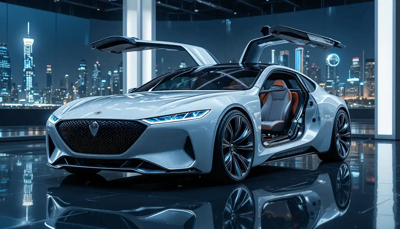 Berlina eléctrica de lujo futurista en un moderno showroom urbano
