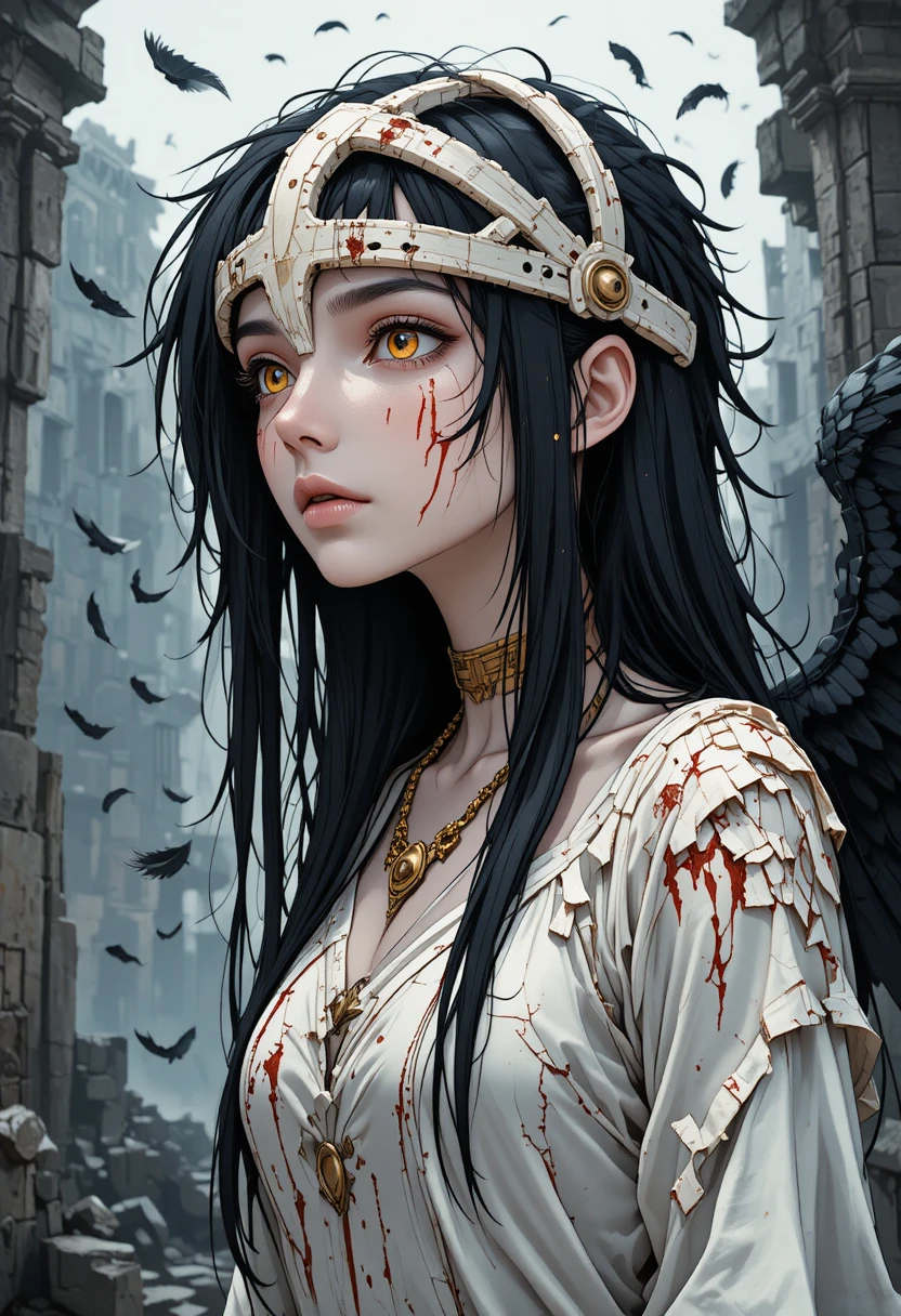 Mulher alada de anime em ruínas com halo de osso branco manchado de sangue