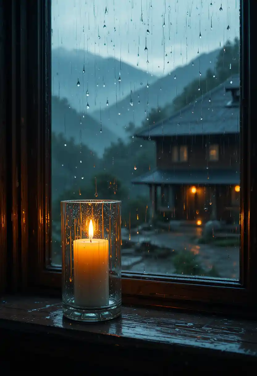 Única vela brillando en ventana lluviosa con bokeh suave