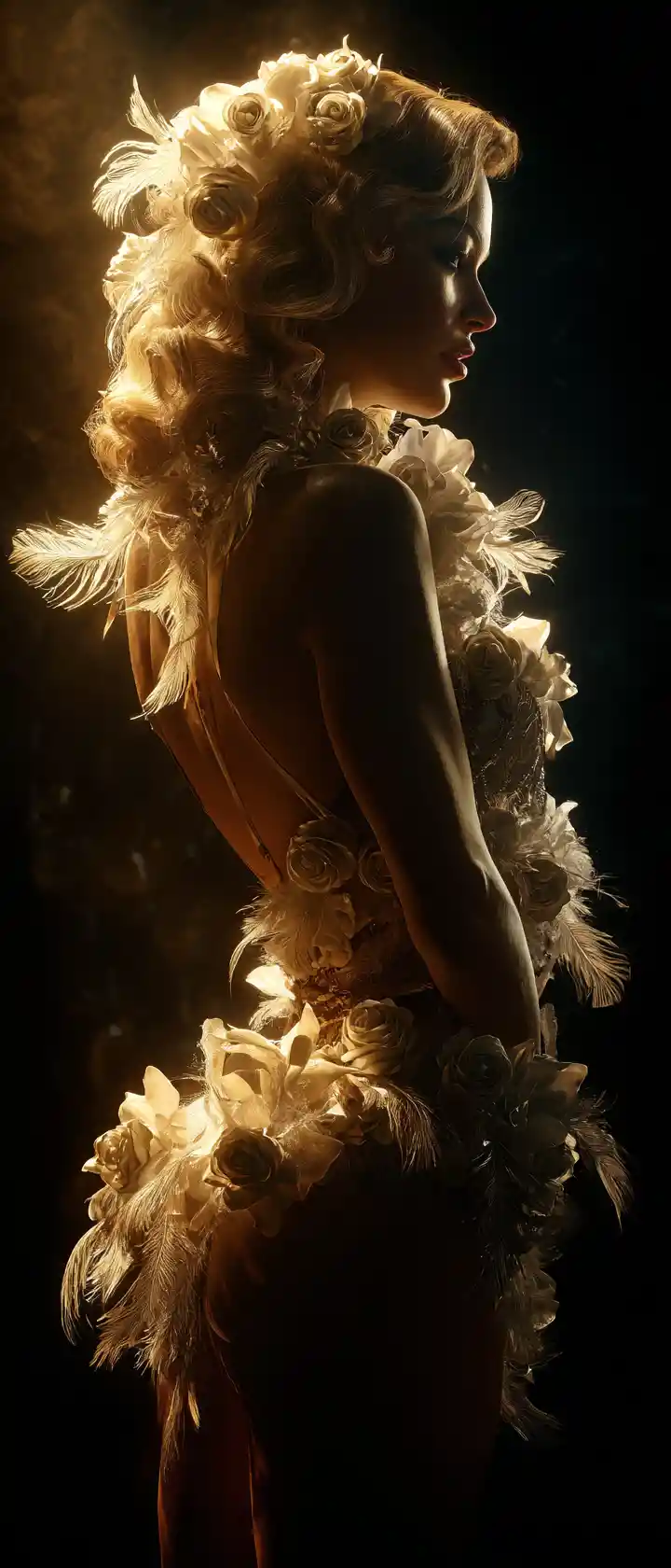Schlanke blonde Frau mit goldenen Rosen und Federn geschmückt
