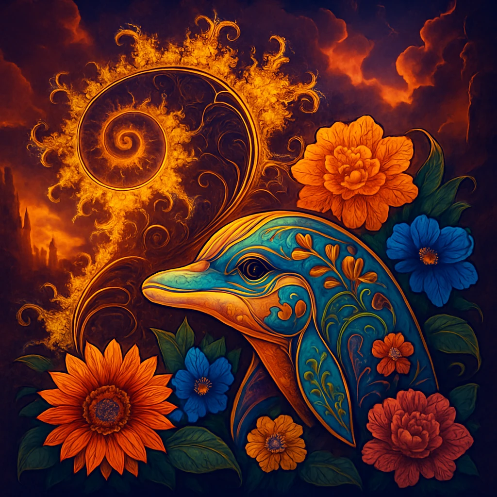 發光奇幻分形場景中的花卉曼陀羅海豚頭
