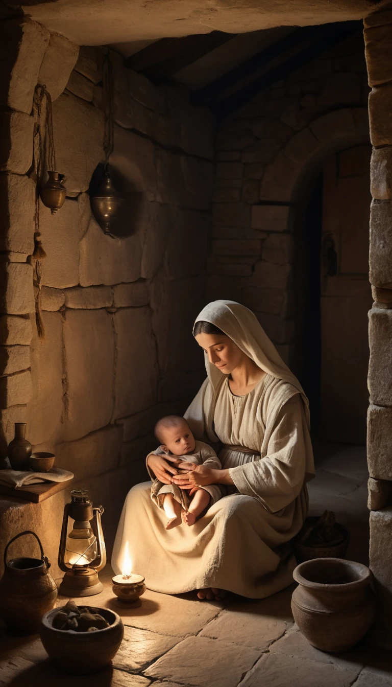 Mary holding infant Jesus in a humble Judean home