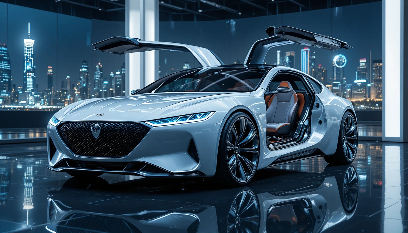 Sedã elétrico de luxo futurista em showroom moderno na cidade