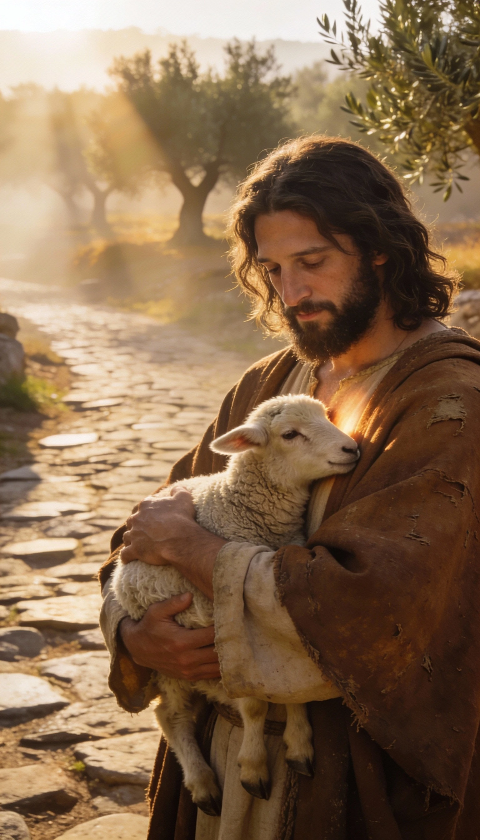Jésus portant un agneau sauvé dans une lumière cinématographique sereine
